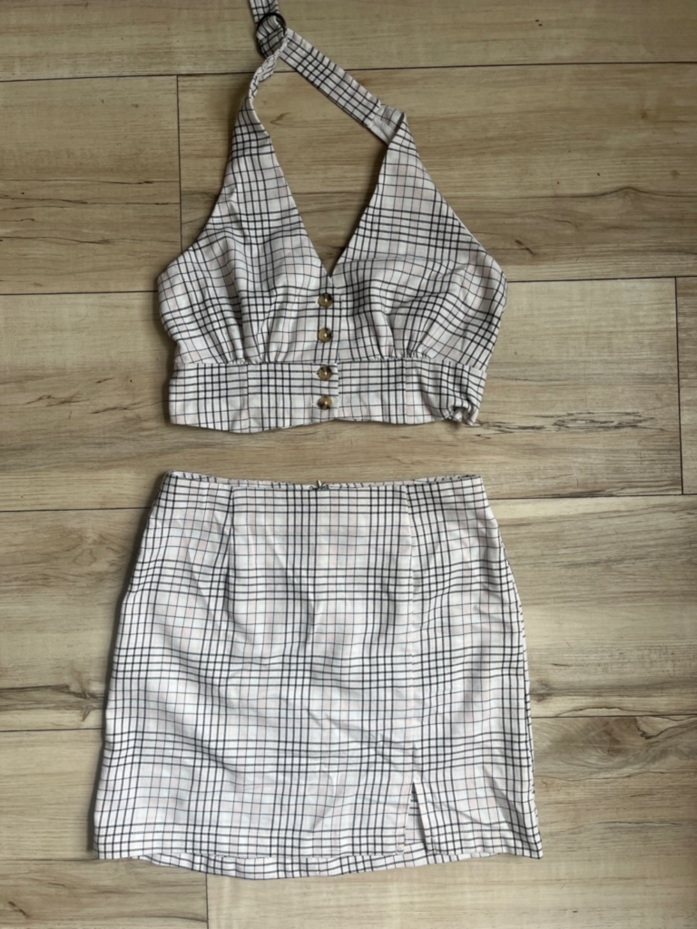 Aeropostale White and Black Plaid Mini Skirt Two-Piece Set halter top preppy